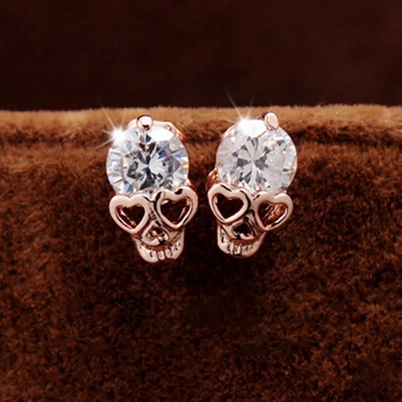 Women Plastic Earrings Cute Heart Eyes Skull Earring Small Jewelry Rose Gold Color Trendy Shining Crystal Stud | Украшения и