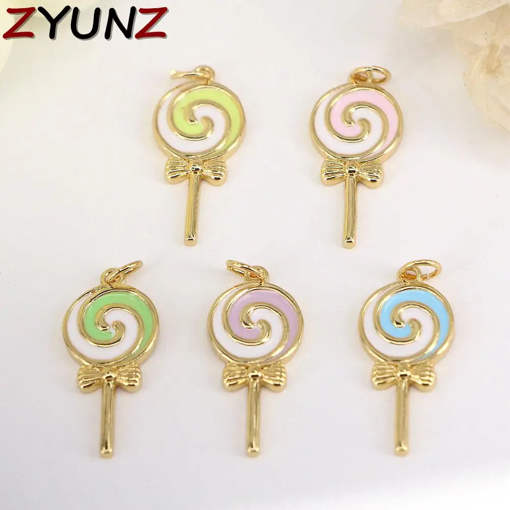 

10PCS, Gold-color Enamel Lollipop Neck Pendants Cute lollipop Charms Pendant Copper Zircon Accessories
