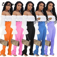 ribbed knitted sexy bodycon pants women trousers black orange purple skinny high waist pants female wide leg flare casual pants