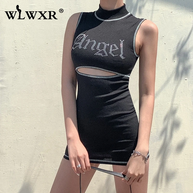 WLWXR женское трикотажное облегающее платье открытое мини с бриллиантами летнее