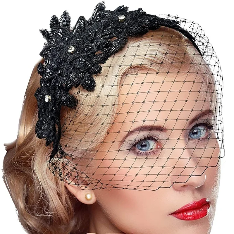 

Black Headband With Net Crystal Beaded Face Veil Women Evening Party