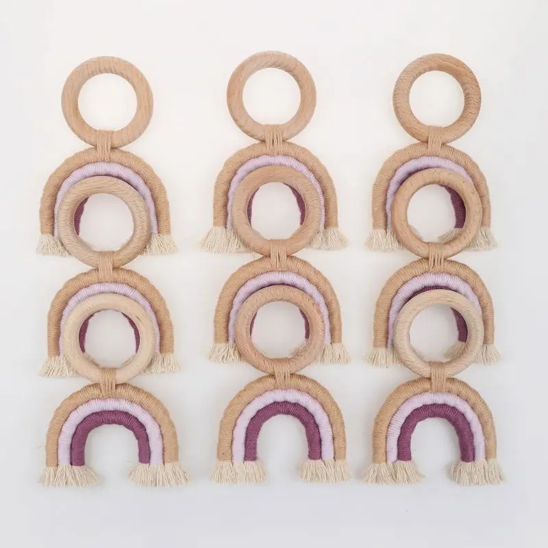 

Rainbow Teething Toys Safe Organic Wooden Ring Baby Wood Teether Nursing Toys