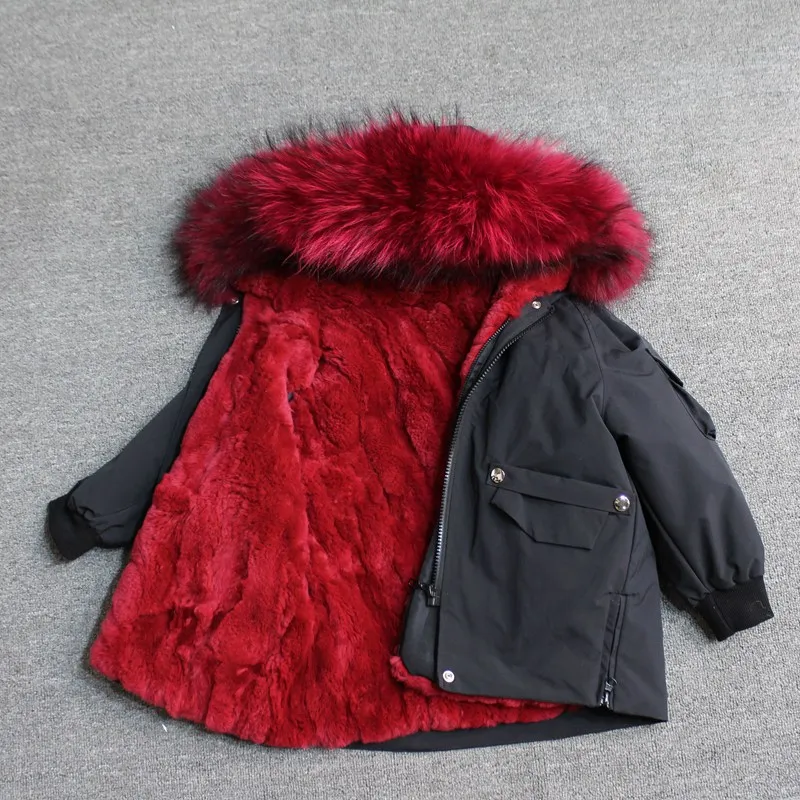 black red fur Для маленьких мальчиков детская зимняя куртка, детская куртка-пуховик для девочек зимняя куртка для детей в Зимняя куртка для девочек и мальчиков детские линией натурального меха кролика, парка, пальто - Цвет: black red fur