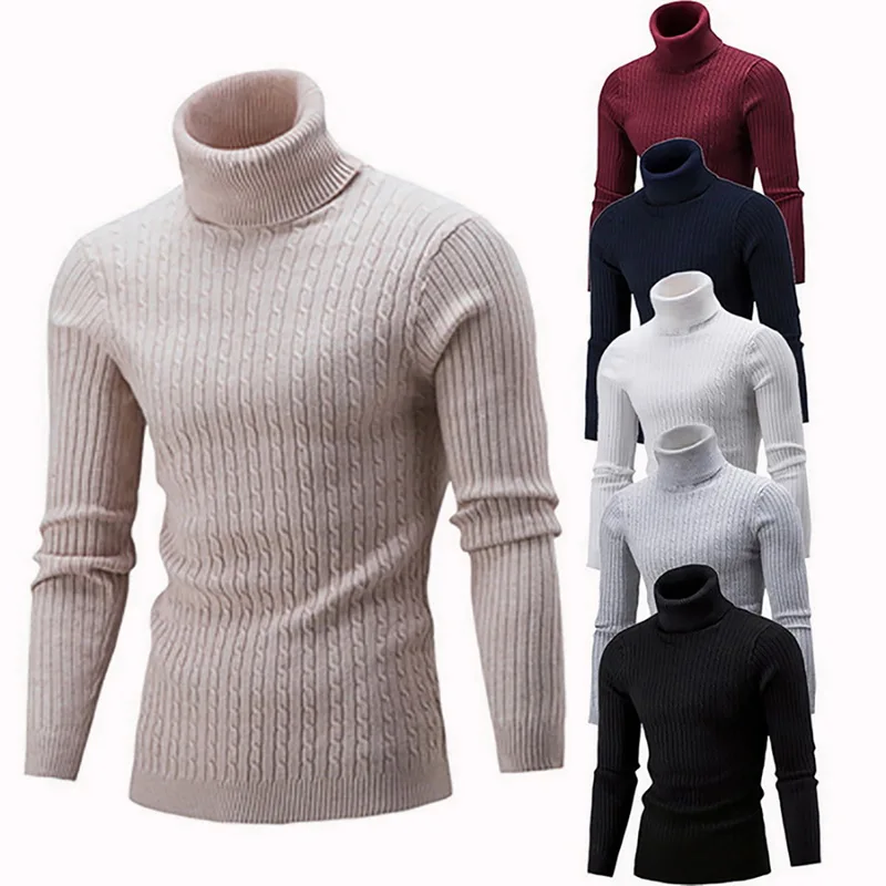 

Мужской свитер с высоким воротником, однотонная простая облегающая вязаная водолазка с узором, мужская одежда с длинным рукавом, осенне-зим...