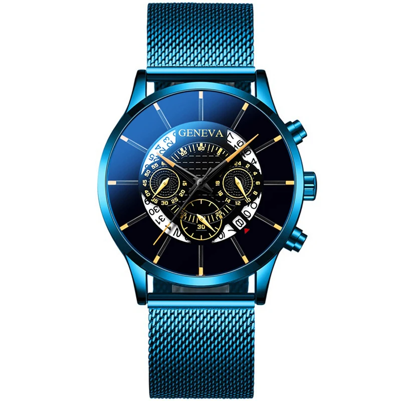 M blue yellow Роскошные мужские часы из нержавеющей стали, часы с датой, кожаный сетчатый ремень, ультра тонкие наручные часы, спортивные деловые мужские часы, Relojes Masculino - Цвет: M blue yellow