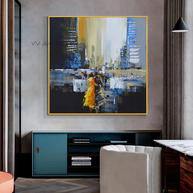 

Hand Painted Street View Oil Paintings Canvas Abstract City Graph Palette Lover Couple Knife Decor Wall Home Interior Decor