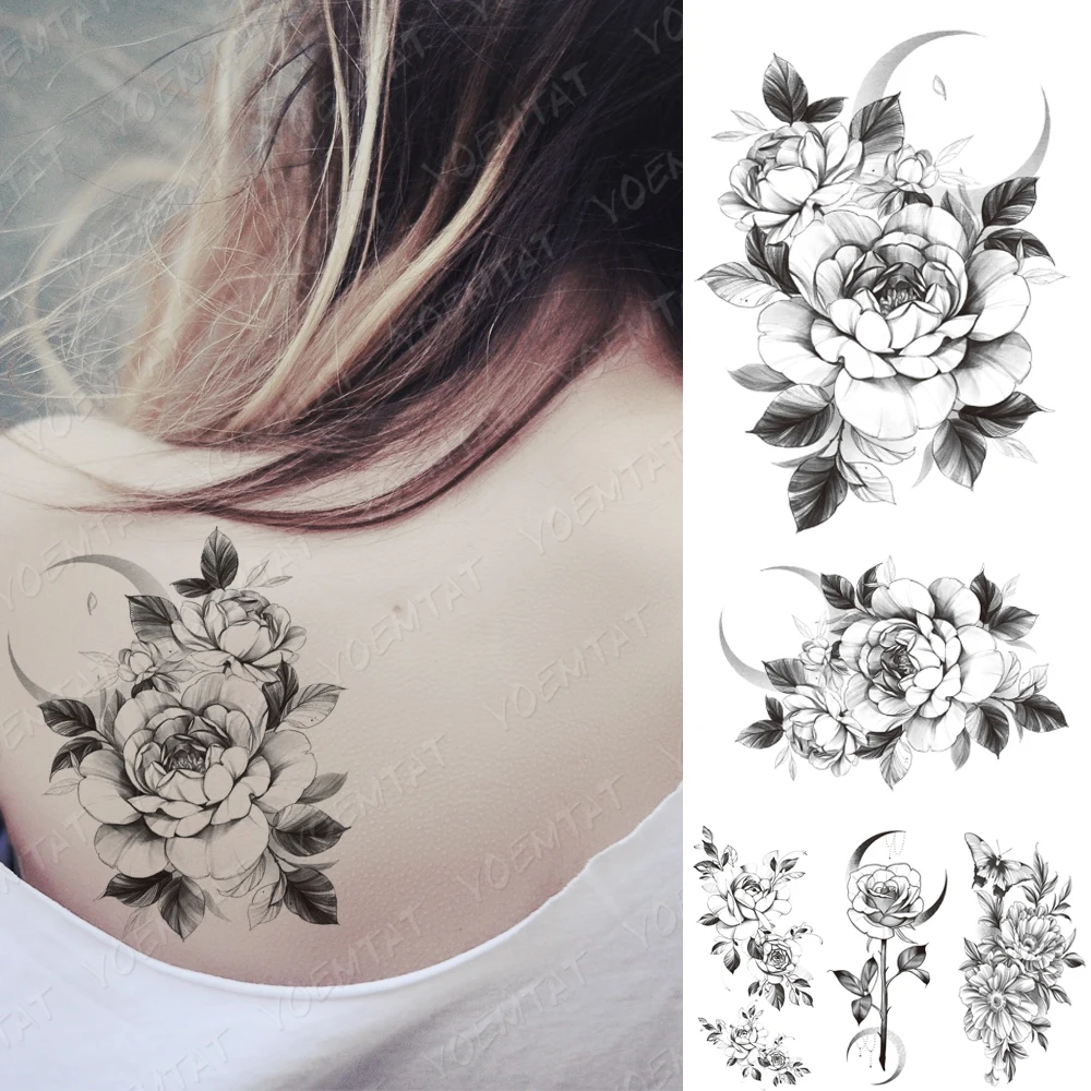 

Waterproof Temporary Tattoo Stickers Peony Flower Moon Flash Tattoos Female Minimalist Line Black Body Art Arm Fake Tatto Women