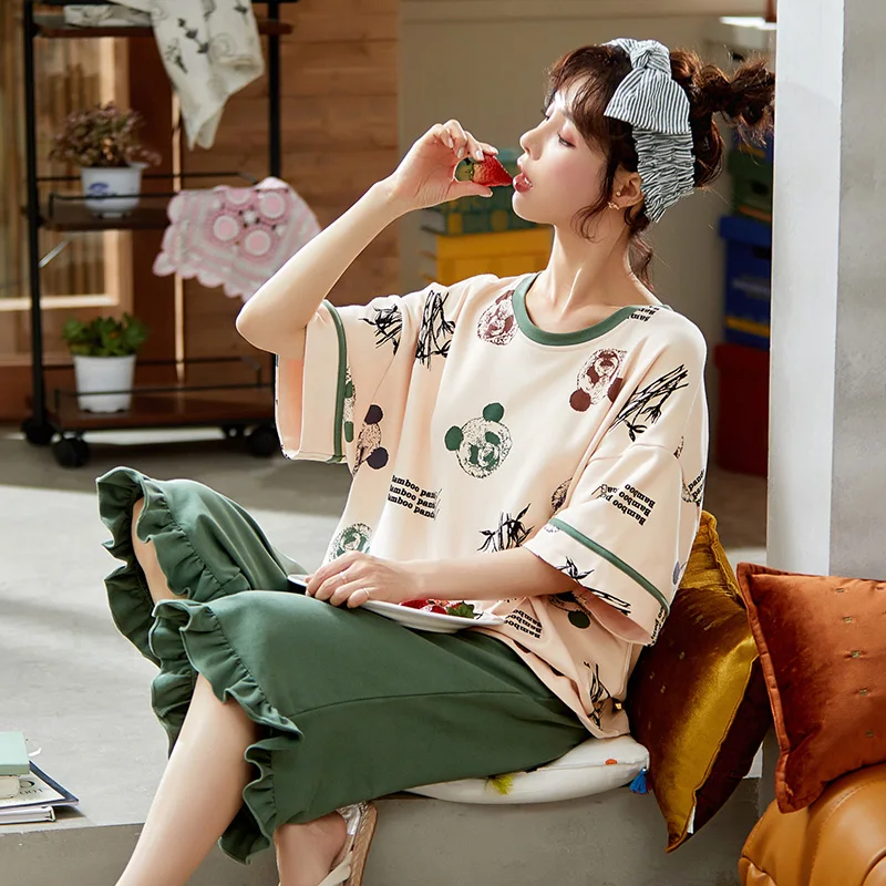 

Summer Pajamas For Women Sleepwear Short Sleeve Short Pants Pajama Sets Cartoon Pyjamas Loose 3XL Female Homewear