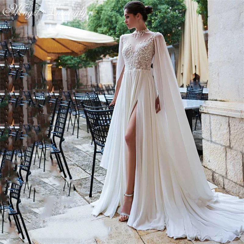 

Luxury A-Line Wedding Dresses Chiffon 3D Three-dimensional Applique Gowns Floating Sleeves Sexy High Split vestidos de novia