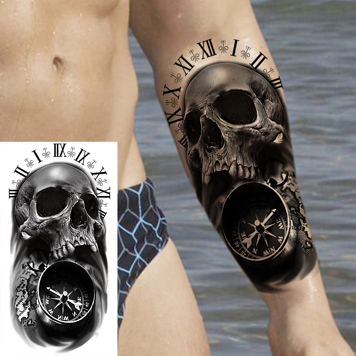 Временные татуировки с черным черепом головой компасом и глазами для мужчин