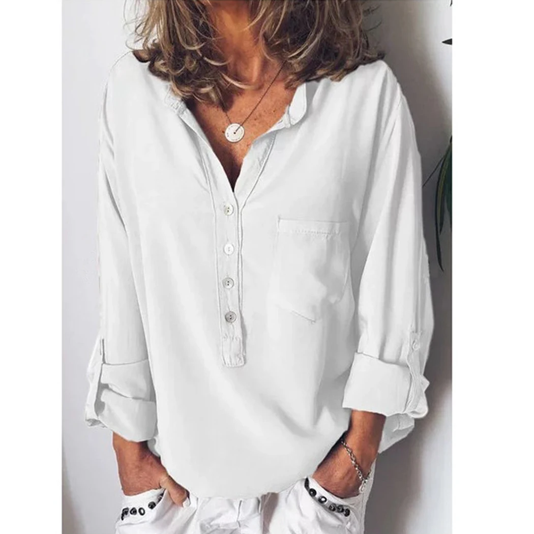 Женские однотонные Большие размеры мешковатые блузки с длинным рукавом v