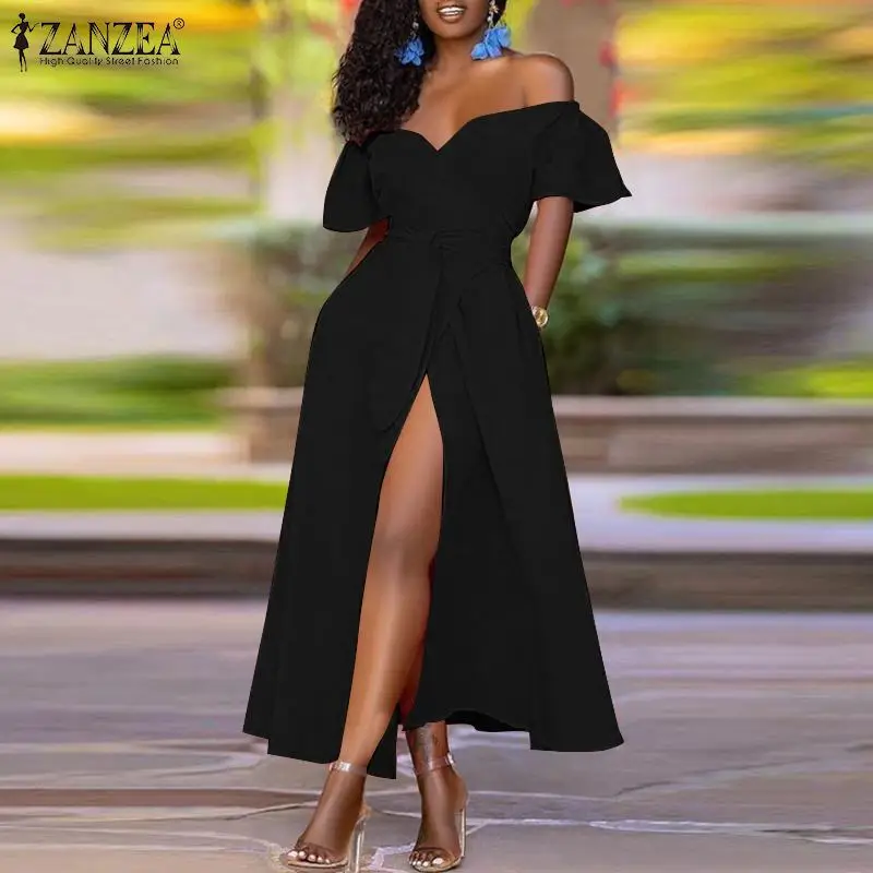 

ZANZEA Fashion Summer Off Shoulder Sundress Women Solid Lace Up Long Vestidos Kaftan Sexy Short Sleeve Party Dress Femme Robe