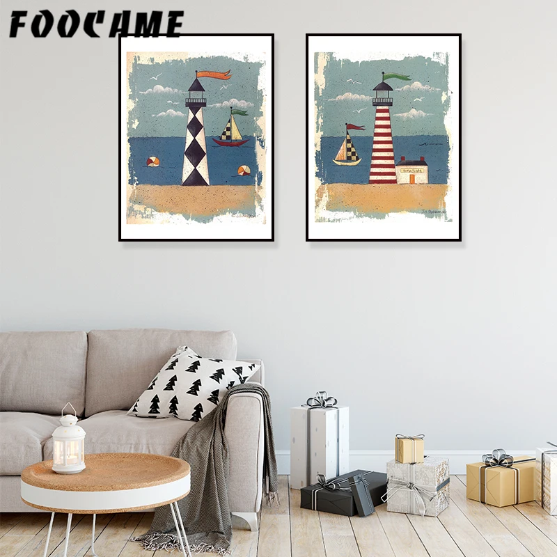 Мультфильм морской корабль плакаты с изображением маяка и принтами Искусство