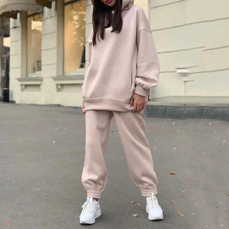 

Women Elegant Solid Sets For Women Warm Hoodie Sweatshirts And Long Pant Fashion Two Piece Sets Ladies Lace Up Sweatshirt Suits