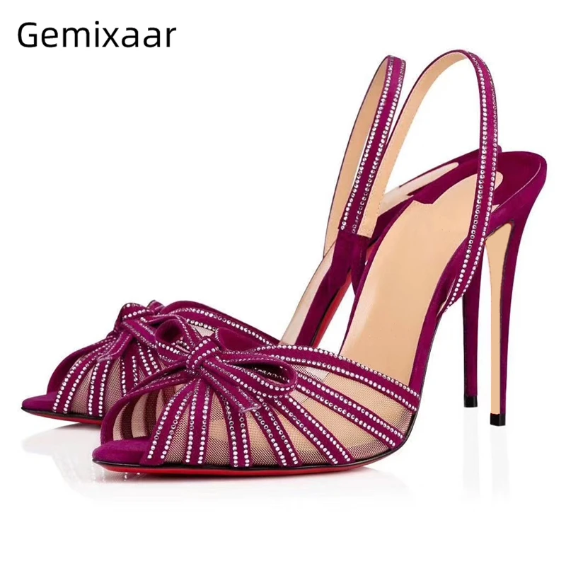 

Jeweled Crystal Bowtie Gladiator Sandals Women 10cm Thin High Heels Peep Toe Sexy Air Mesh Back Strap Summer 2020 Shoes Woman