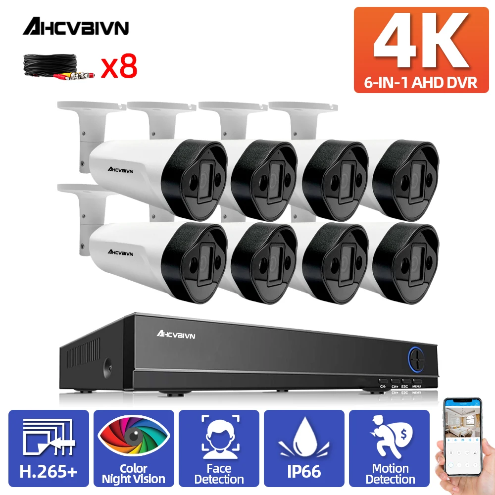 

Комплект камер видеонаблюдения 4K DVR, система безопасности, наружная цветная камера видеонаблюдения с ночным видением, комплект камер безоп...