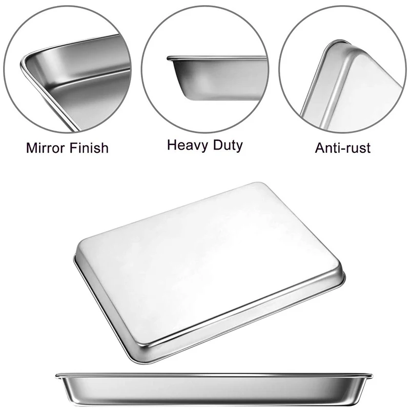 Baking Sheet Pans for Toaster Oven Small Stainless Steel Cookie Sheets Metal Bakeware Pan Sturdy & Heavy Rectangle Tray 3 Pi |