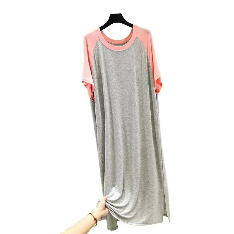 

Dresses for Women 2021 Cotton Patchwork O Neck Collar Short-sleeved Simple Oose Casual Long Shirt Dress Home Dress Clothing