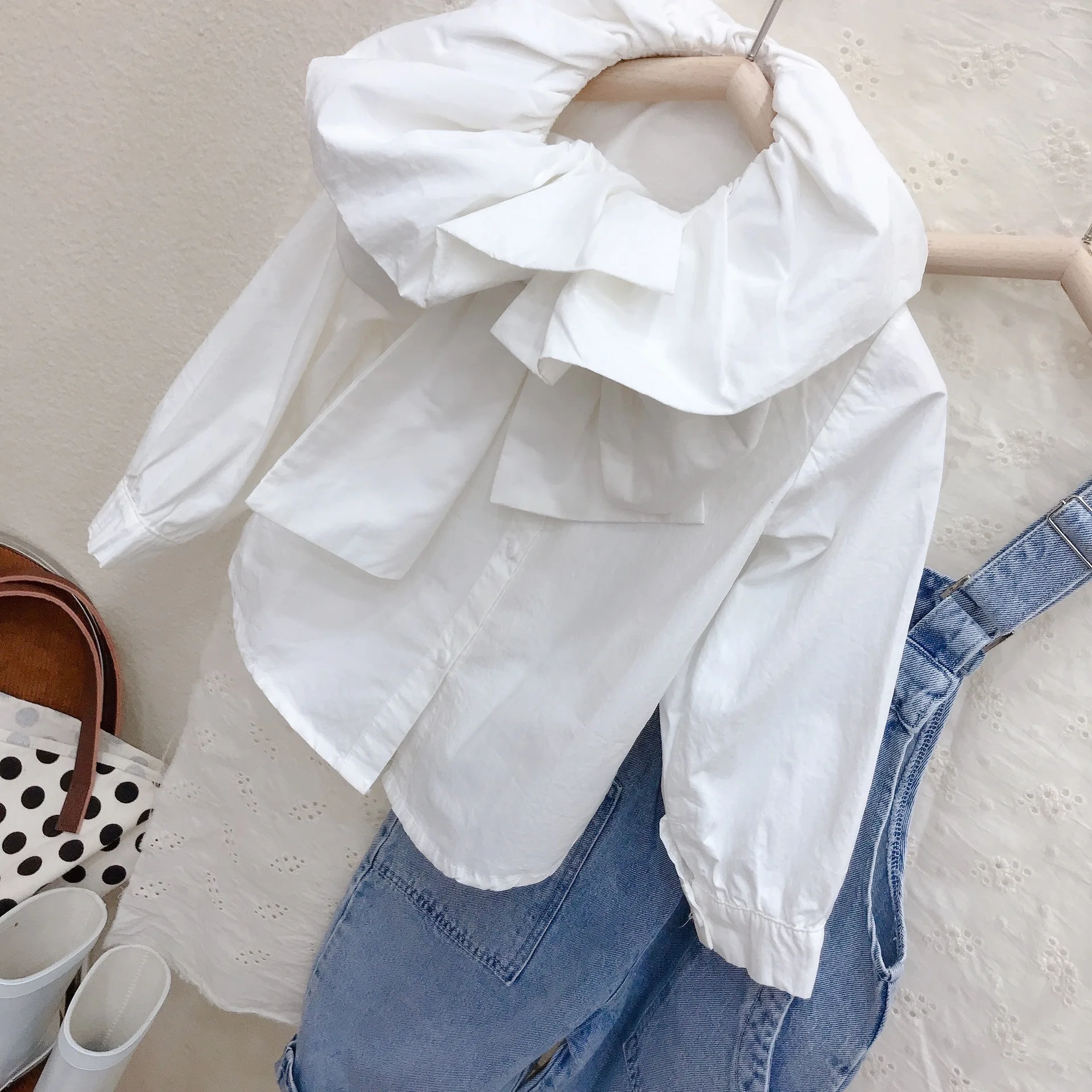 

new spring 2021 Korean girls shirt children lapel bowknot removable white shirt