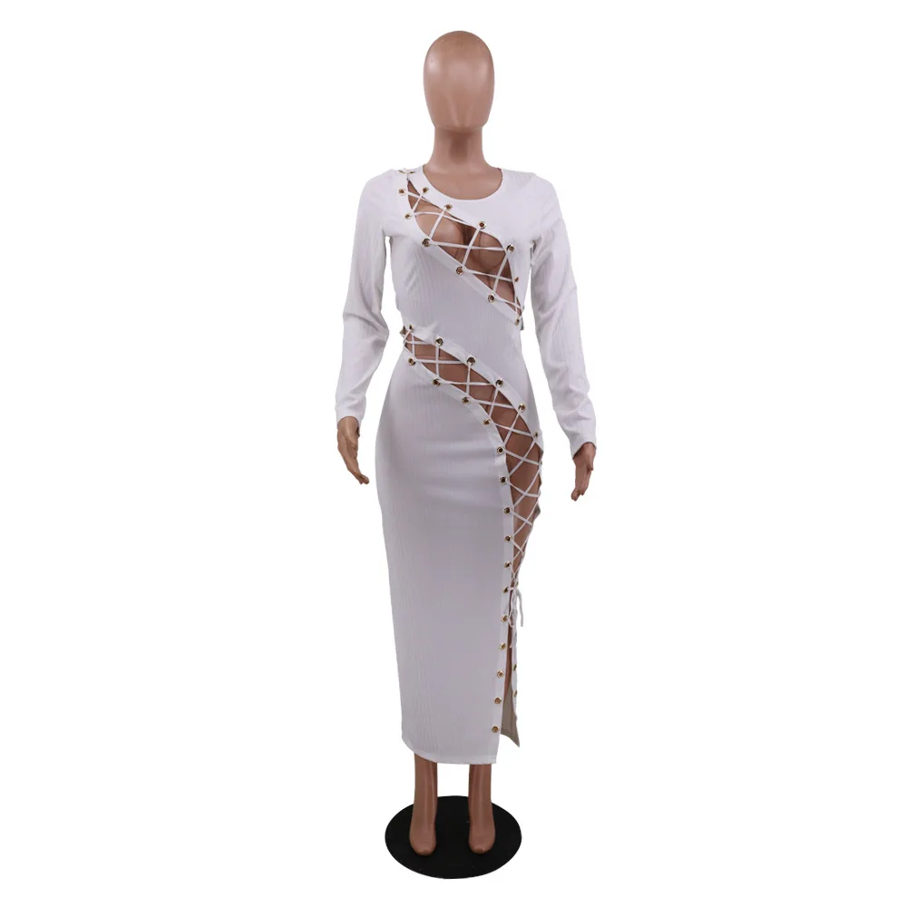 

Sexy Lace up Women Bodycon Dress 2021 New Arrivals Long Sleeves Hollow Out Split Fashion Nightclub Party Gowns Ankle Length