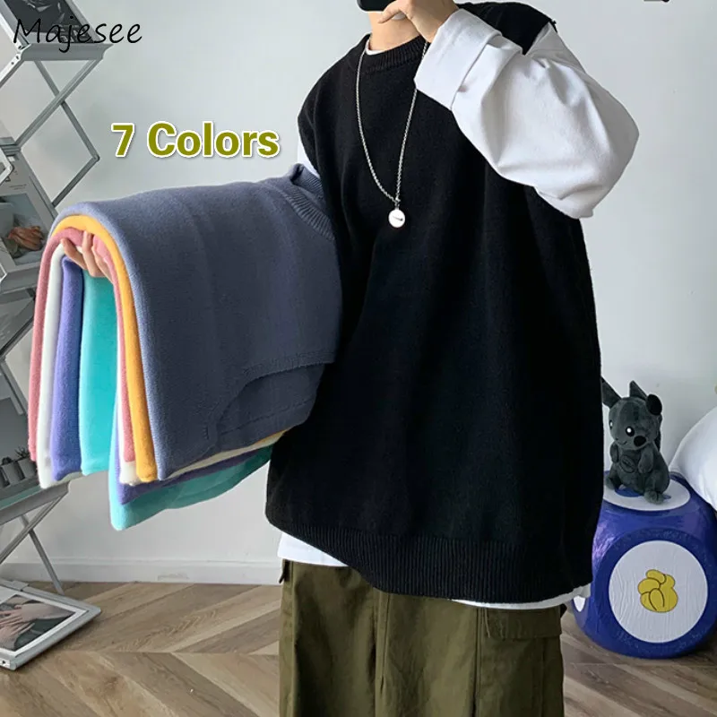 

Men Sweater Vest Couples Spring Loose Simple Solid Basic Knitted Sweaters Male Ulzzang Soft All-match Ins Chic Korean Style New