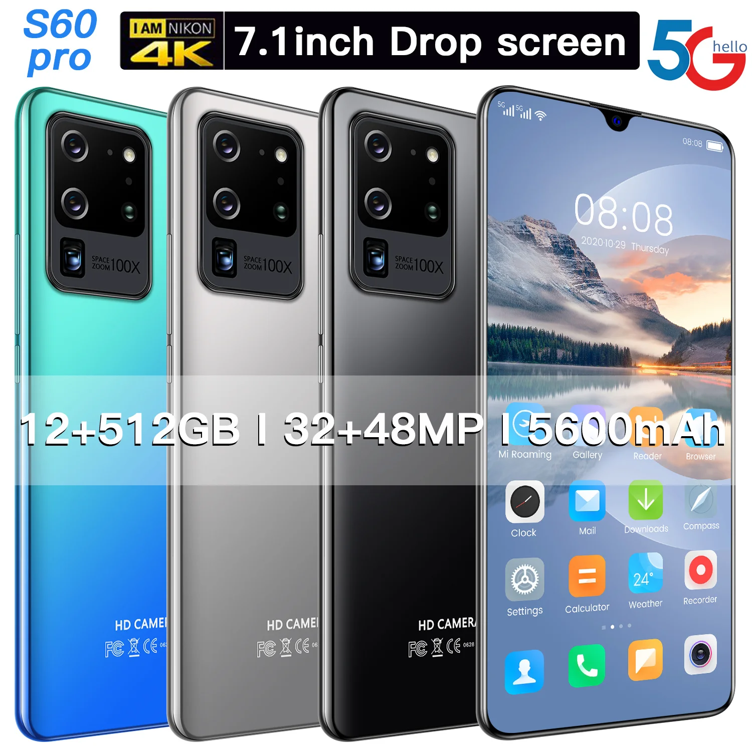 

Global Version S60 Pro 7.1Inch Drop Screen 5600MAH 10Core 32MP+48MP 12GB+512GB Fingerprint Face Unlock Dual SIM 5G Mobile Phone