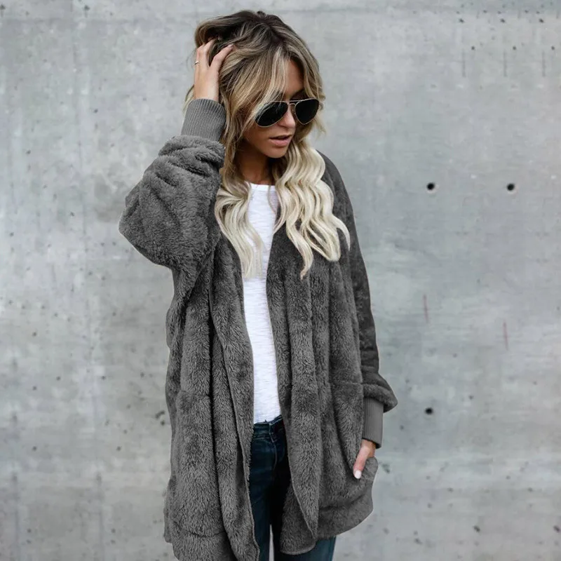 dark gray Зимние пальто и куртки из искусственного меха для женщин, модный длинный кардиган с капюшоном, повседневные женские куртки размера плюс, женские пальто - Цвет: dark gray