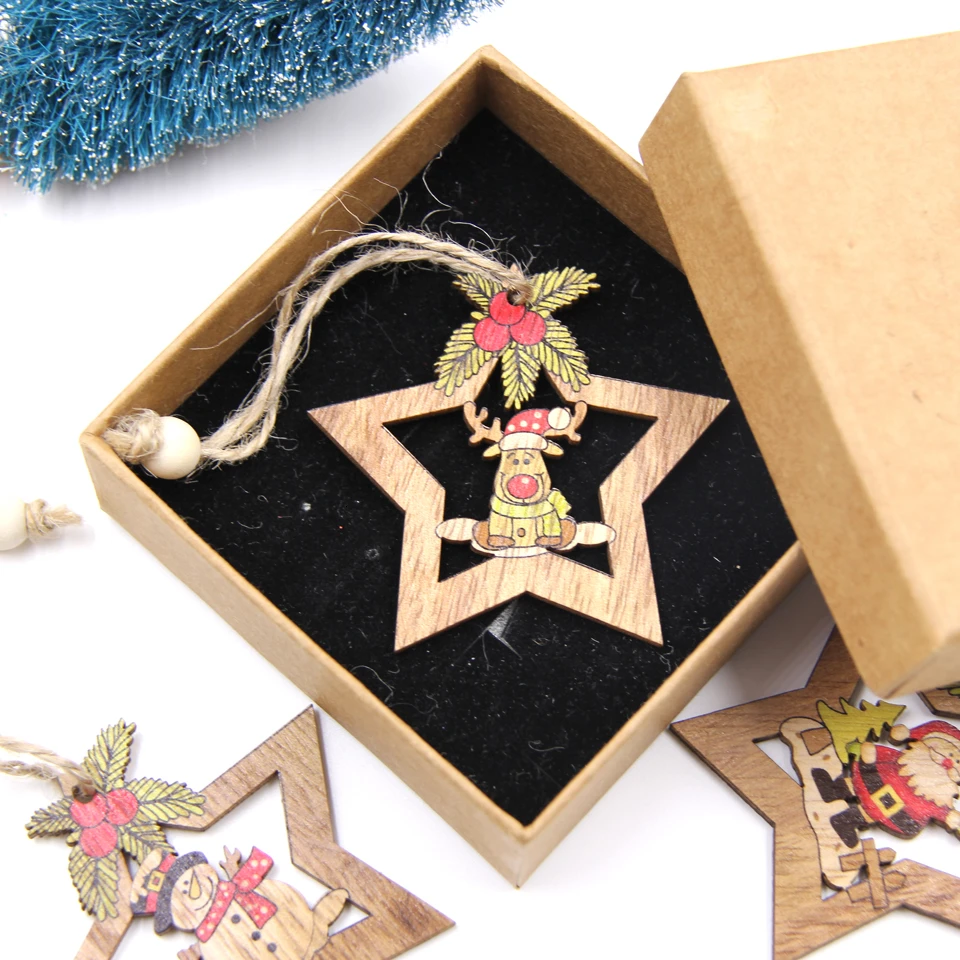 4PCS Star Printed Wooden Pendants Ornaments Xmas Tree Ornament DIY Wood Crafts Kids Gift for Home Christmas Party Decorations