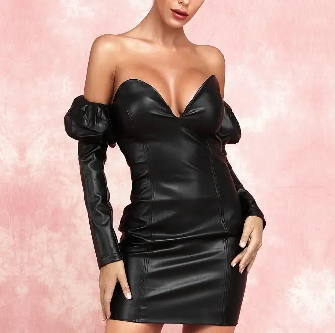 

Женское облегающее мини-платье из искусственной кожи высокого качества, зима 2020, с длинным рукавом и вырезом лодочкой, сексуальное Клубное ...