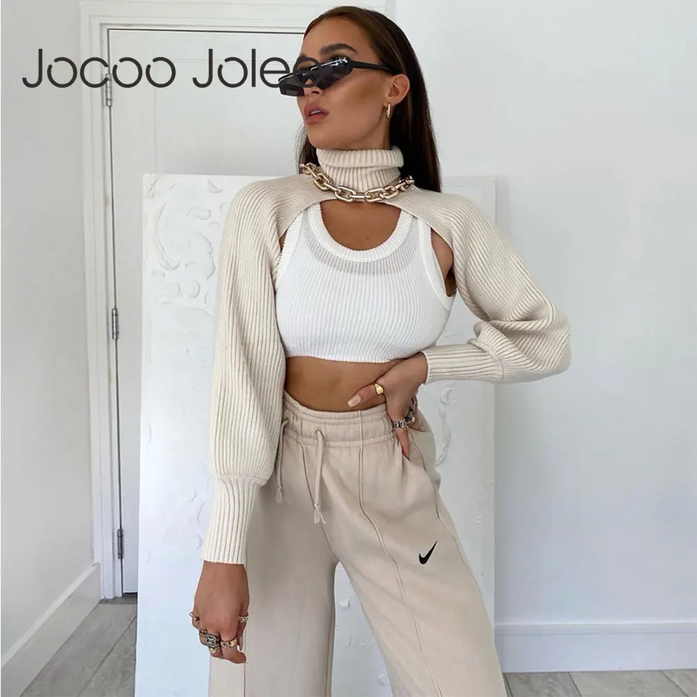 Jocoo Jolee Sexy Turtleneck Cut Out Sweater Long Sleeve Cropped Tops Korean Solid Knitted Sweater Women Pullovers Jumpers
