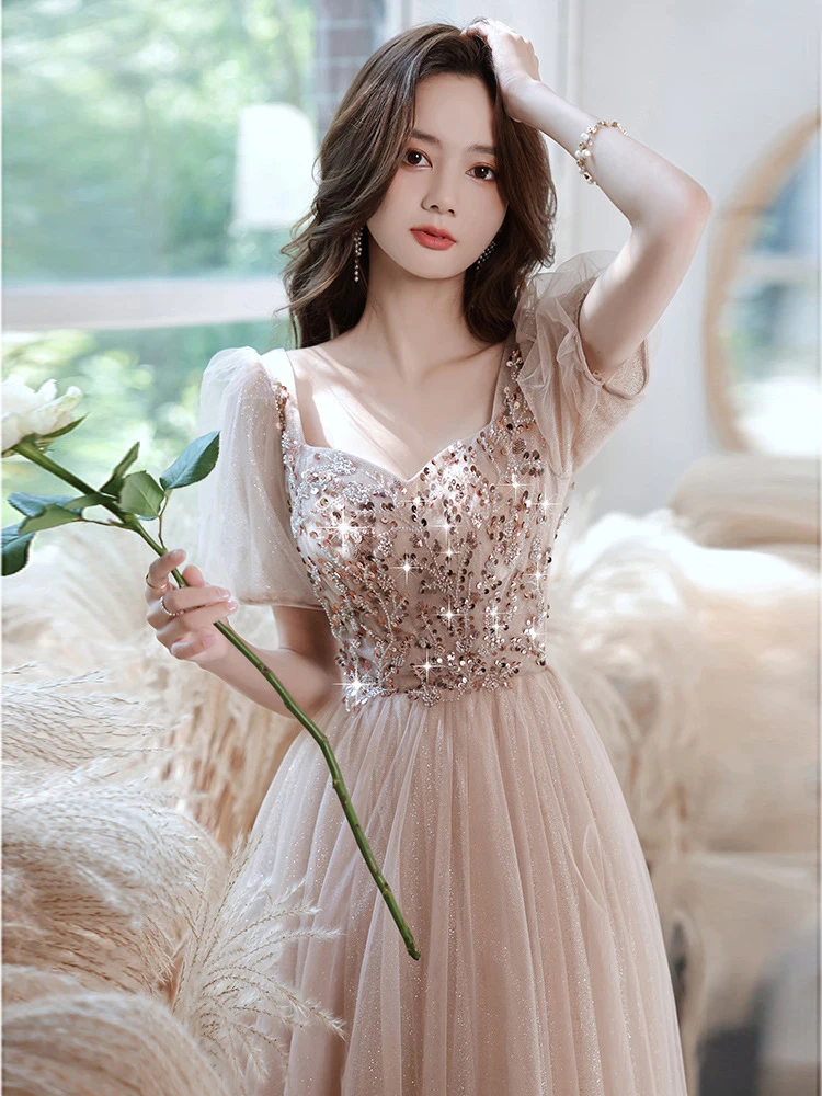 Classic Women Prom Dress Puff Sleeve Beading Sequins Tulle Princess Gowns Female Slim A-Line Banquet Dresses | Свадьбы и торжества
