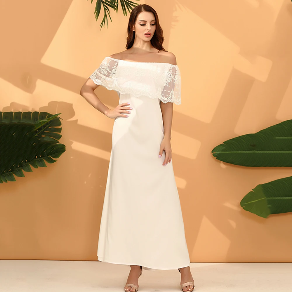 

Dress Elegant White High Waist Backless Off Shoulder Summer Maxi Hollow Out Lace Up Dress