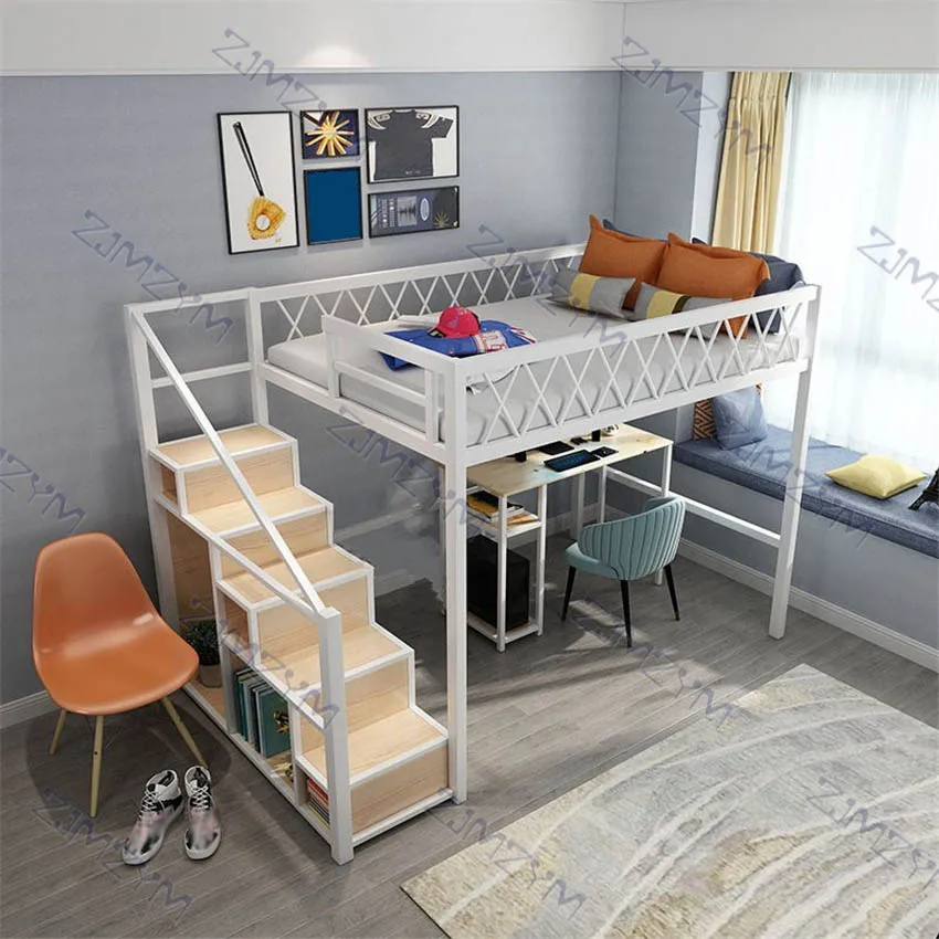 Twin Size Space-Saving Metal Loft Bunk Bed Single Modern Student Dormitory Sturdy Frame Guard Rail Stairs | Мебель