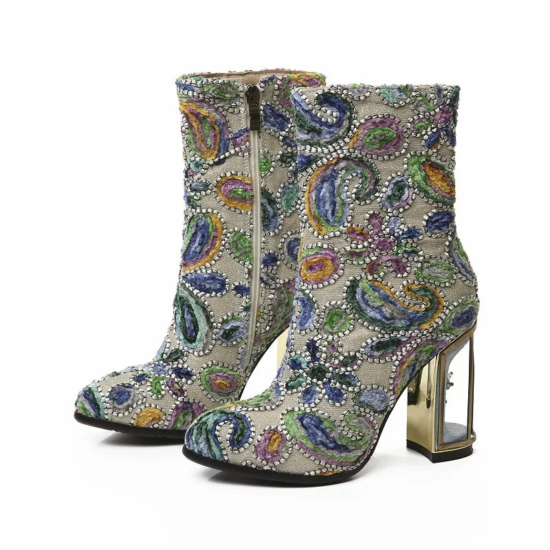 

Women Spring Autumn Colorful Style Pattern Ankle Boots Birdcage Chunky High Heels Embroidery Botas Mujer Handmade Female Boots