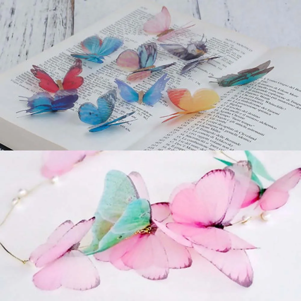 Simulation Butterfly Series) Blue Green Transparent Belt Bright Powder Organza Double Layer Butterfly about 5x4 cm-1 Group of 2