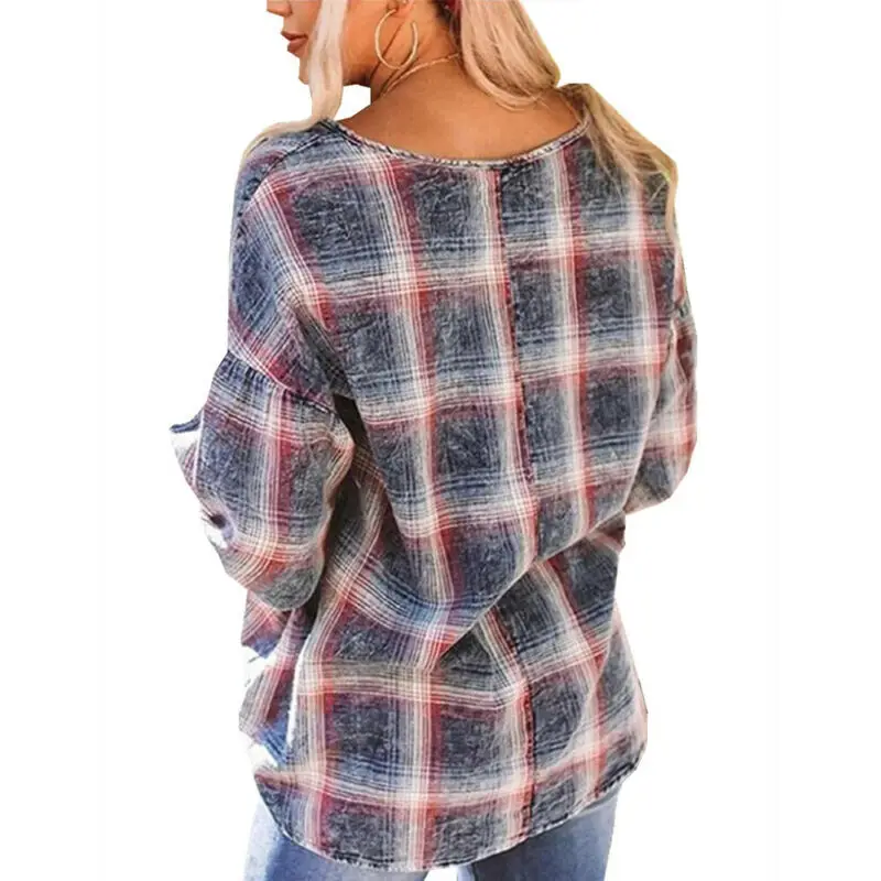 

Women Loose Printed Plaid Shirt V-Neck Plus Size Strapped Casual Long Sleeve Top
