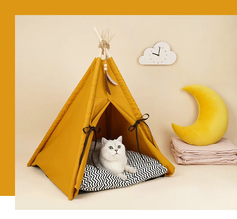 

Pet Tent for Dogs Puppy Cat Bed Yellow Canvas Dog Cute House Pet Teepee with Cushion, 30 Inch Tall, for Pets Up to 15lbs