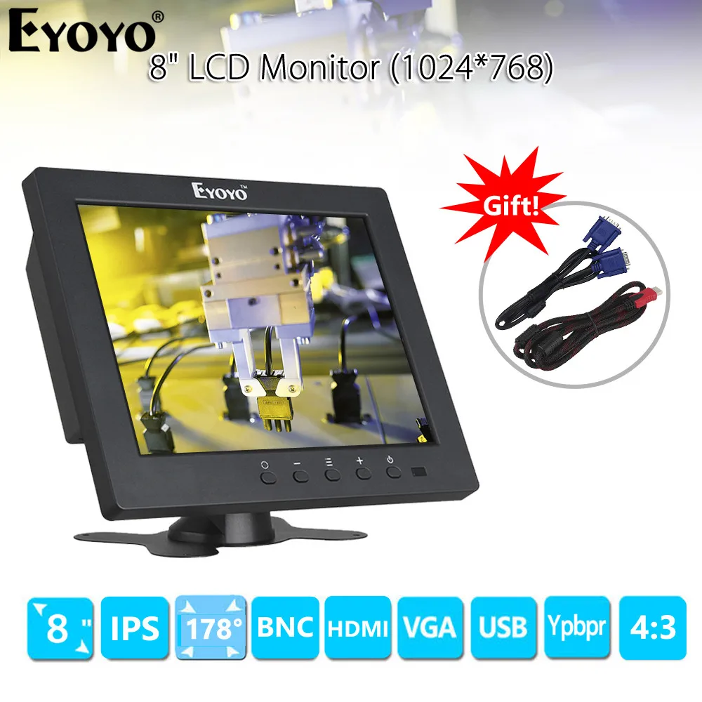 Портативный ТВ монитор Eyoyo EM08C 8 дюймов 1024X768 с VGA HDMI BNC USB Type C IPS экраном для ПК DVD DVR CC