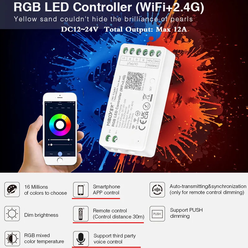 New arrival RGB LED Controller DC 12V 24V 2.4G WiFi APP RF Remote Wireless Voice Control Smart Music Dimmer Total Output Max 12A
