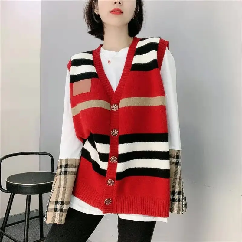 

Sweater Vest Korean Fashion Women's Vest Spring Autumn Sleeveless Cardigan Striped Coat Oversize Sweaters Woman