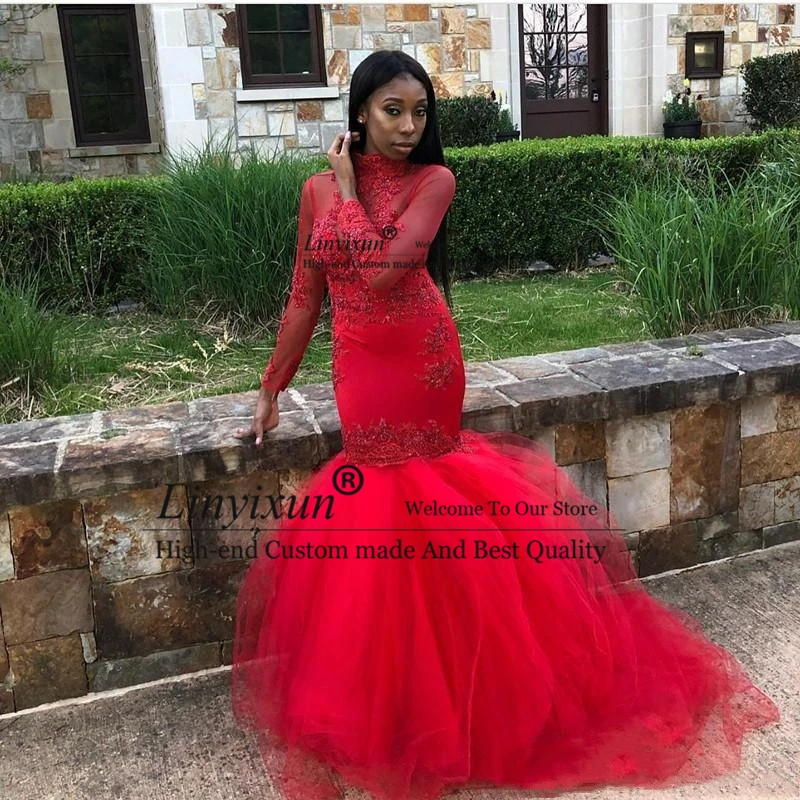 

Black Girls African Red Mermaid Prom Dresses Long Sleeves Beads Appliques High Neck Tiered Floor Length Tulle Evening Gowns