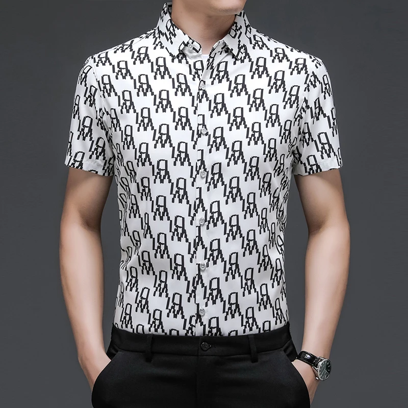 

2021 Letter Printing Oversized Summer Blouse White Social Big Size Gents Casual Shirts Loose Clothes For Mens Fashionable White