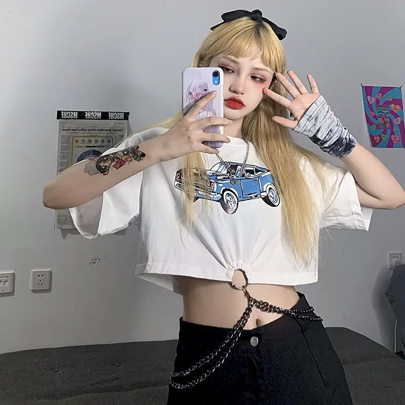 

2021 Summer Loose Short-sleeved Cotton T-shirt New Korean Style Waist Chain Cropped Crop Top Kawaii Clothes Punk Woman Tshirts