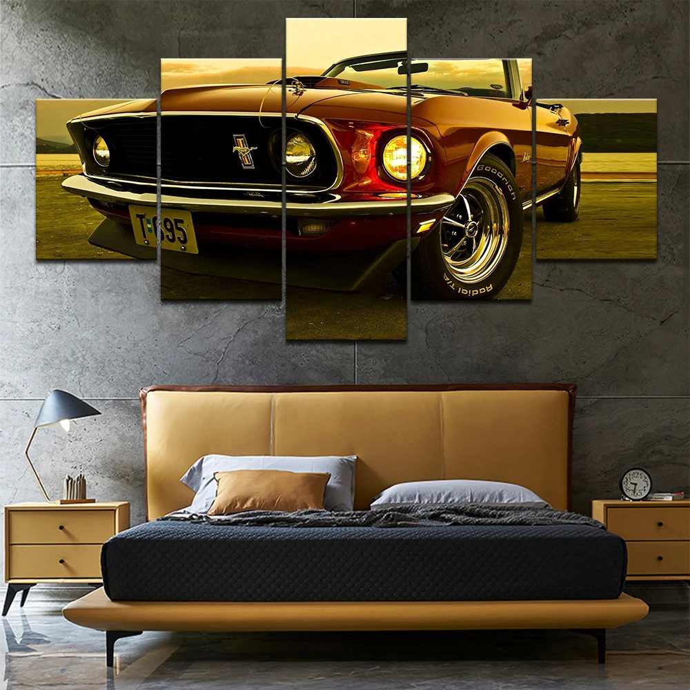 

Modular Wall Art Paintings HD Printed Modern Car Posters 5 Pieces 1969 Ford Mustang Home Decor Canvas Pictures Living Room Frame