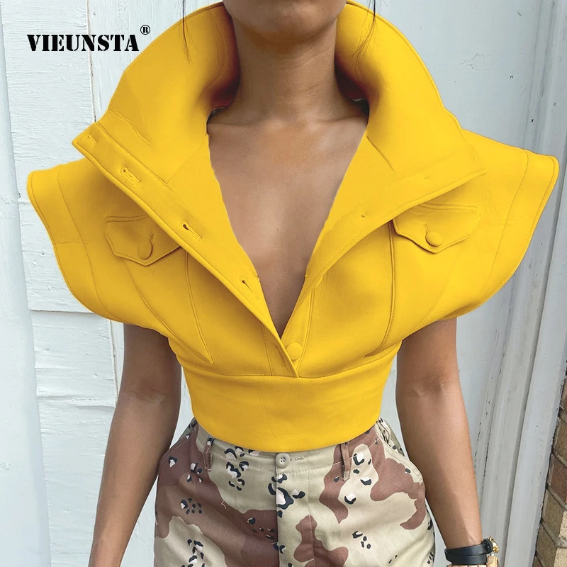 

Women's Clothing 2021 Autumn New Personality Stand-up Collar Flying Sleeves Coat Elegant Short Sleeve Pocket Jacket Street Style