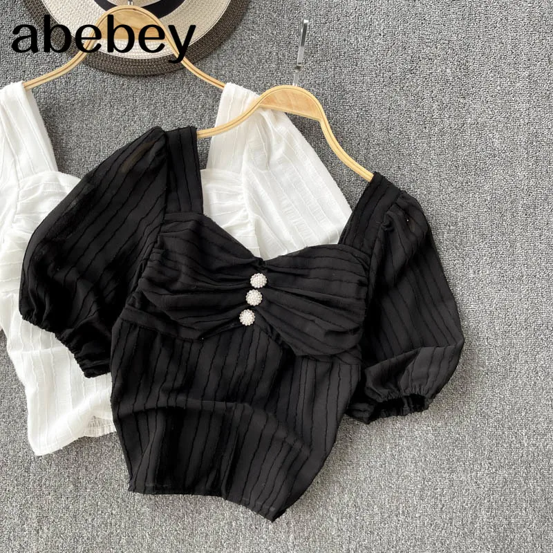 

Women Korean Ruffles Blouse Sweet Puff Sleeve Square Collar Elegant Solid Tops Summer Casual Fashion Button Streetwear Blouse