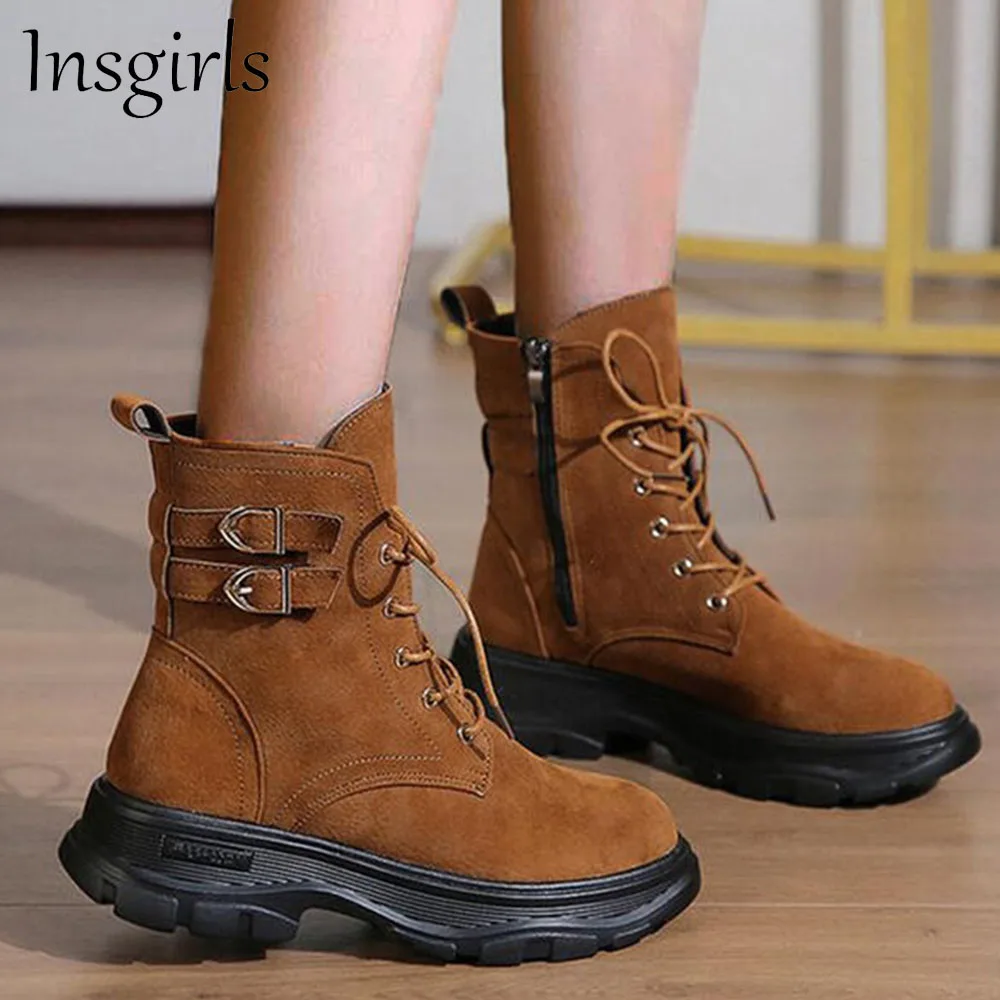 

Women's Suede Flat Boots 2021 Autumn Winter New Keep Warm Ladies Lace Up Casual Shoes Dress Office Party Female Ankle Boots