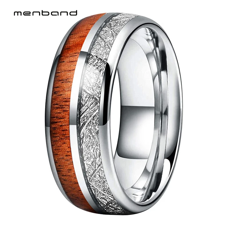 

8mm Tungsten Carbide Wedding Bands Ring Men Women Two Groove Wood/Meteorite Rings Dome Band Comfort Fit
