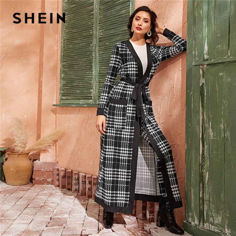 Женский клетчатый костюм SHEIN черно белый элегантный комплект с длинным пальто