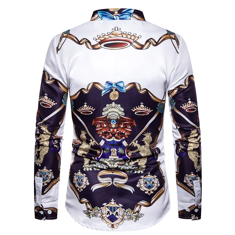 Luxury Royal Mens Shirts Casual Slim Fit Cross Gemstone Printed Long Sleeve Slim Fit Chemise Homme Men Prom Party Tuxedo Shirt